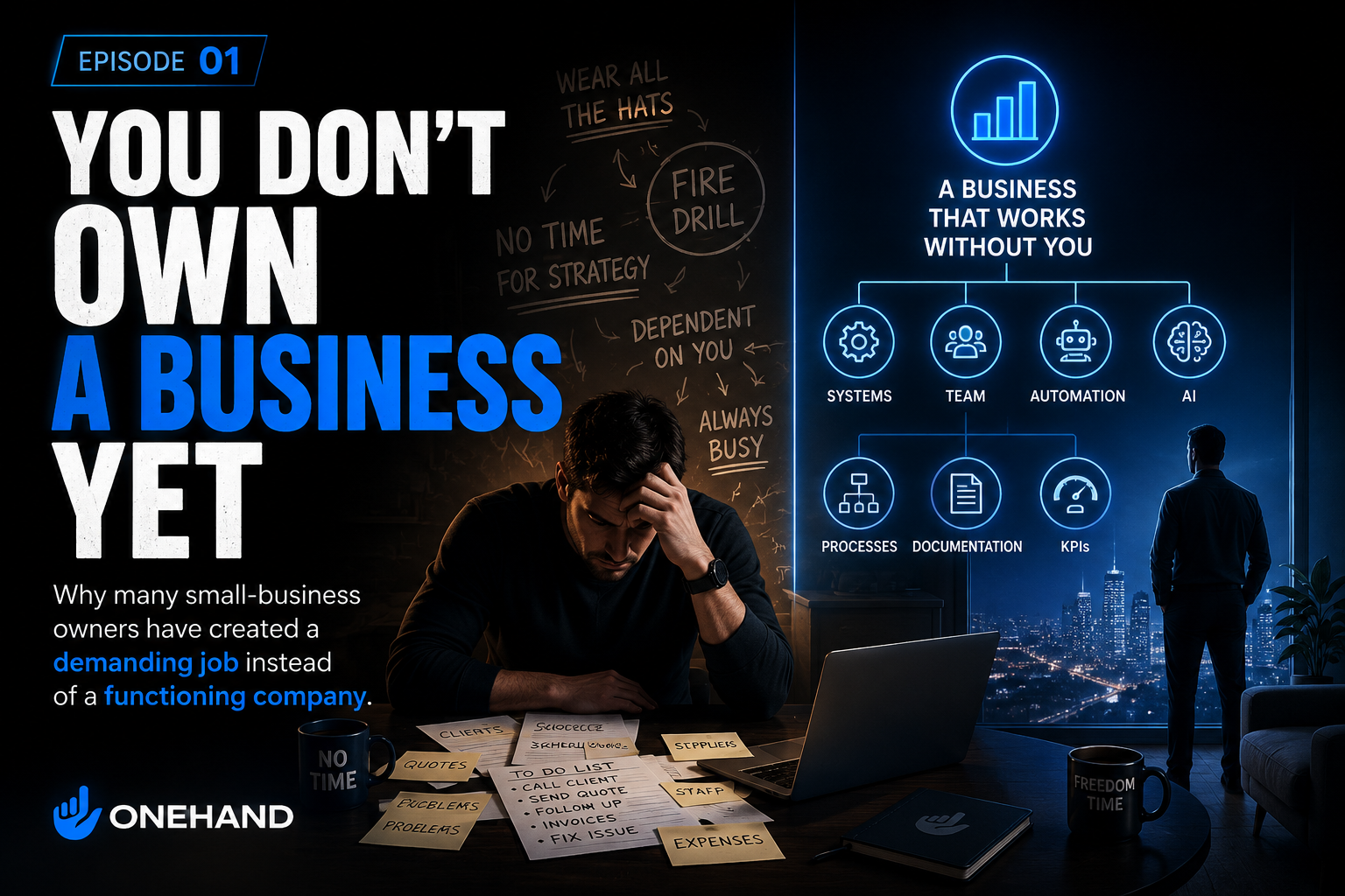 Episode 01 cover: a stressed owner at a desk covered in tasks versus a systems diagram that lets a business run without him.